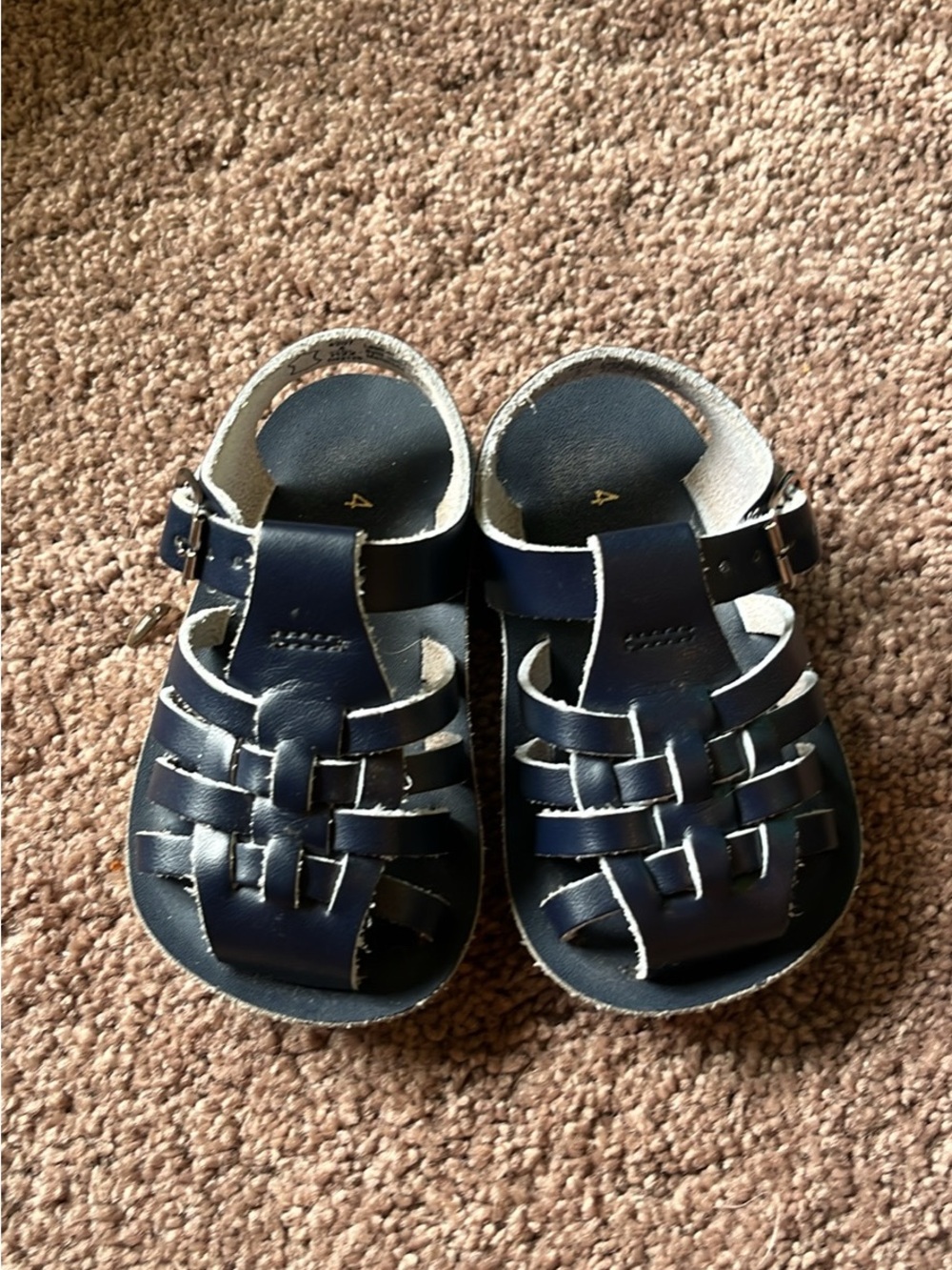 Childrens Navy Leather Fisherman-Style Sandals with Buckle